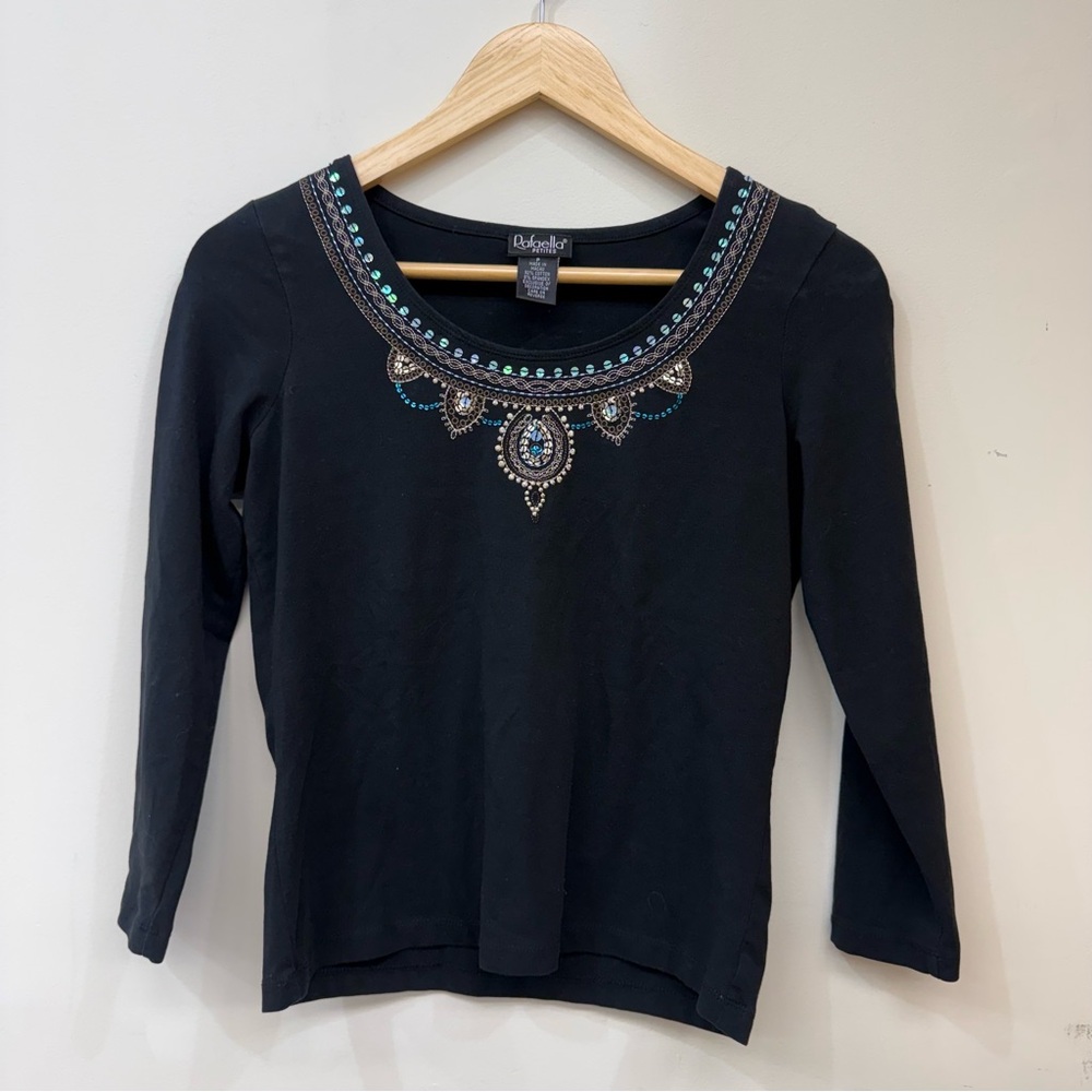 Y2K Rafaella Black Long Sleeve Sequin Top size Small Petite
